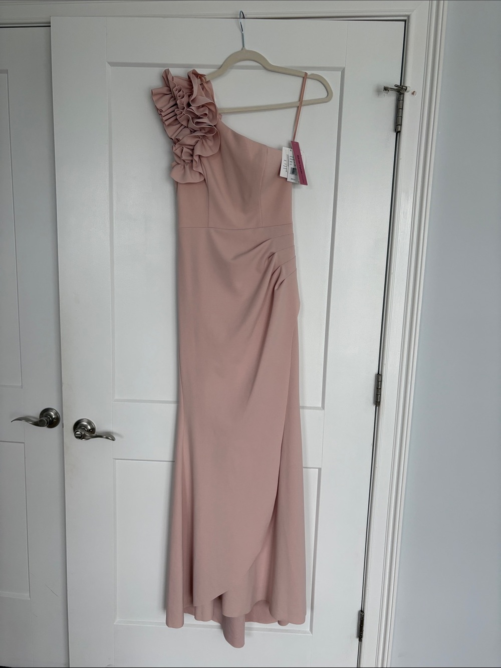 Aqua One-Shoulder Ruffle Gown in Blush Pink